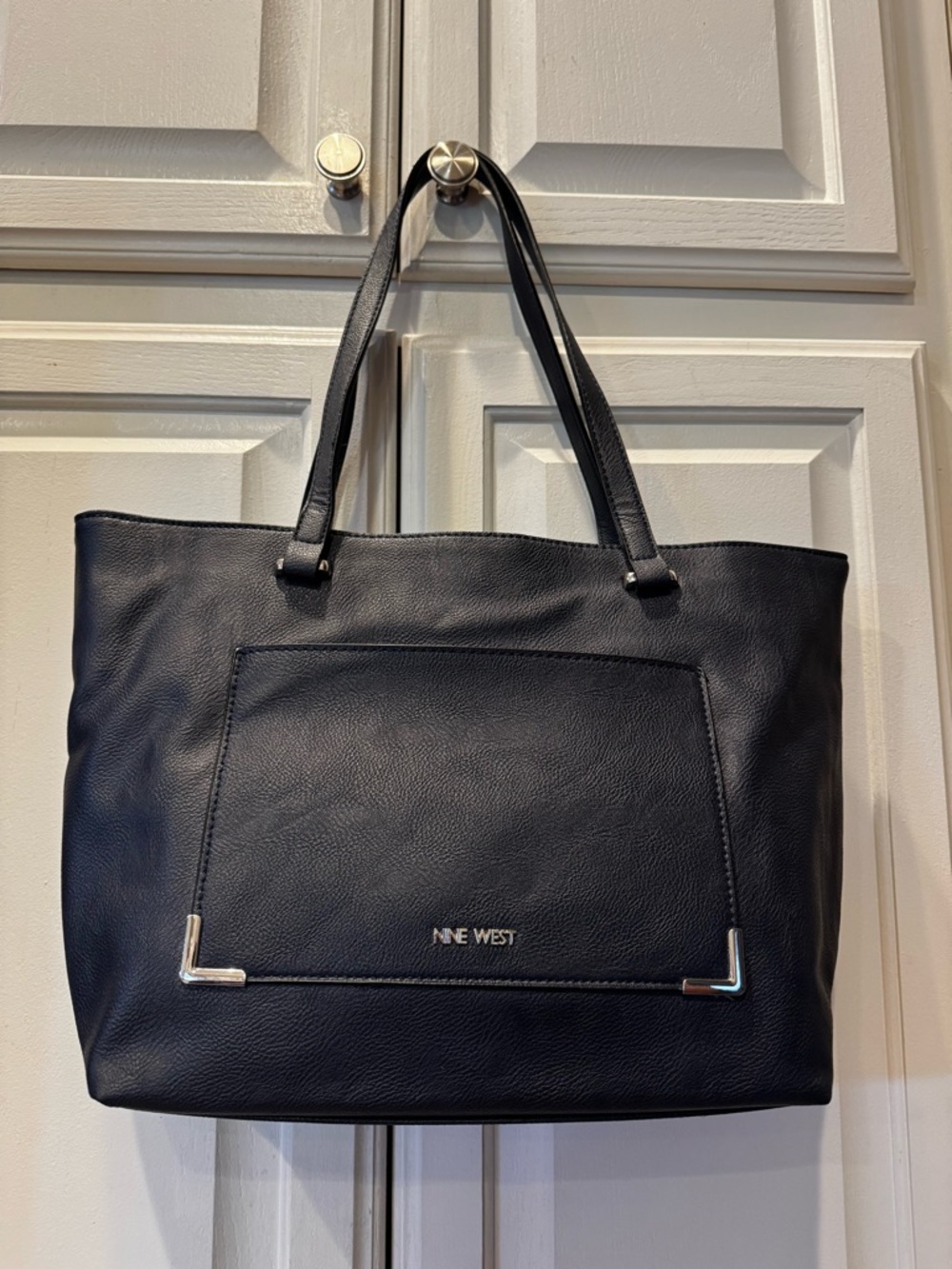 Nine West Navy Blue Tote Bag Pebbled Faux Leather Silver tone hardware Large